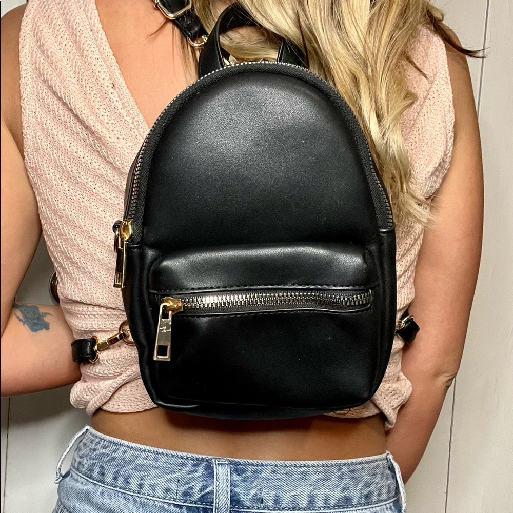 Adjustable Small Black Faux Leather Backpack/Purse